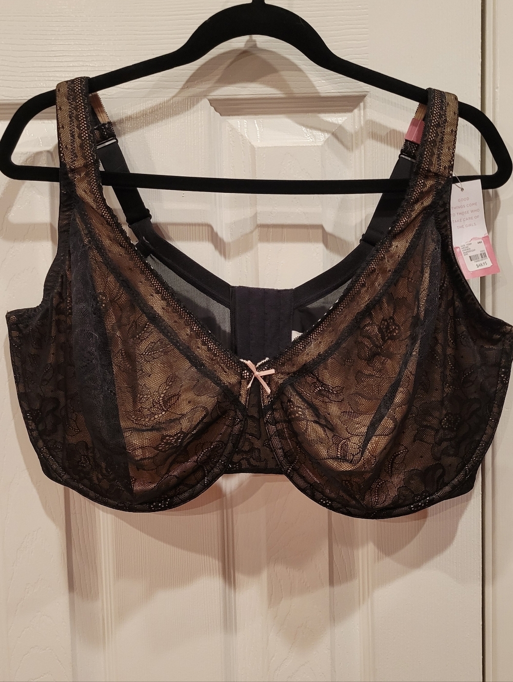 Cacique Black Lace Bra with Tan Lining and Pink Bow Accent